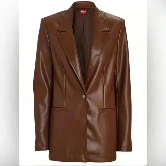 Staud Madden Womens Faux Vegan Leather Oversized Brown Blazer Jacket L Long $495 - Picture 5 of 15